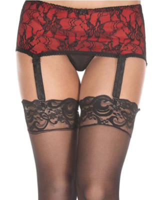 Porte-jarretelles rouge bandeau ceinture avec jarretelles réglables et dentelle noire 